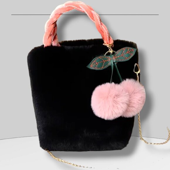 Plush BLACK Fur Bucket Bag Two PINK Pom Pom CHERRIES Fall School Trendy - Picture 1 of 12